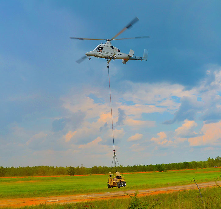 An SMSS carrying SATCOM and mast-mounted Gyrocam M9 stabilized EO sensor sling loaded by KMAX unmanned helicopter (the safety pilot is seated in for emergency only) Photo: Lockheed Martin