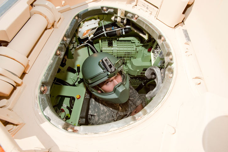The new integrated helmet technology would eliminate the need for crew members to switch to their Army Combat Helmets when dismounting from their vehicles. Photo: NSRDEC by David Kamm