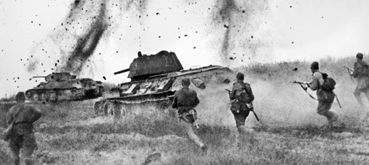 An assault by T-34 tanks and infantry near Prokhorovka, July 1943.