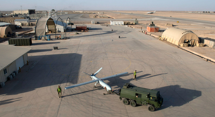 The Watchkeeper unmanned aerial vehicle (UAV) towed for checking position prior to takeoff at  Camp Bastion, Helmand, Afghanistan