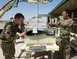 ltor, Gunner James Bridley and Lance Bombardier Kev Hedeaux from 43 Battery, 47 Regiment, Royal Artillery assembling a Watchkeeper Unmanned Aerial Vehicle (UAV) in Camp Bastion. Photo: MOD, Crown Copyright