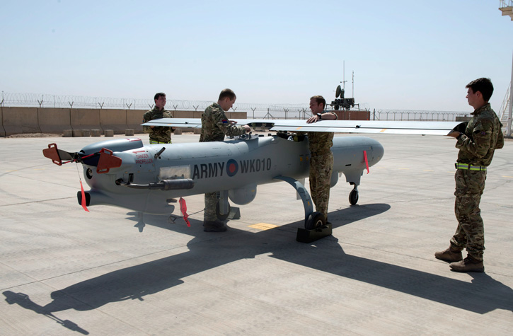 Assembling a Watchkeeper Unmanned Aerial Vehicle (UAV) in Camp Bastion, Afghanistan, 23rd September 2014. Photo: MOD, Crown Copyright