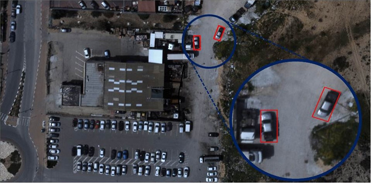 Visual Profiler, developed by Video Inform and operationally deployed for automatic analysis of aerialimages can scan large image databases, real-time or historic, to detect targets of interest. This example shows the systems spotting pick up truck shapes vehicles using automatic detection. The system can further recognize even finer details, such as specific distinguishable details such as color, make, and unique, distinctive characteristics through automtaic-processing