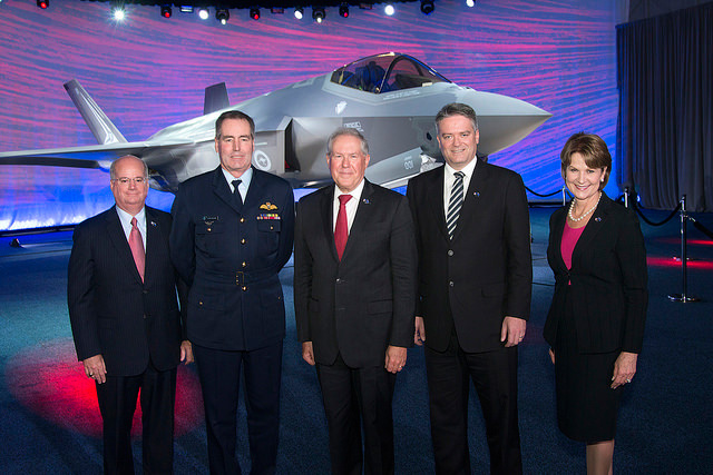 The first Australian F-35 was delivered to the Australian government on July 24, 2014 -  (Left to Right) Orlando Carvalho, Executive Vice President Aeronautics, Lockheed Martin Corporation; Royal Air Marshal Geoff Brown, Chief of RAAF; The Honorable Frank Kendall, U.S. Under Secretary of Defense for Acquisition, Technology & Logistics; Senator, The Honourable Mathias Cormann Minister for Finance and Marillyn Hewson, President and Chief Executive Officer, Lockheed Martin Corporation. Photo: Lockheed Martin