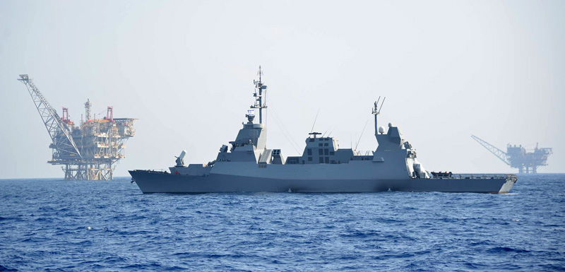 The INS Lahav (Saar V class) corvette was upgraded with the MF-STAR ADIR phased array radar, providing the vessel a critical sensor for the defense of Israel's offshore gas drilling rigs located in the EEZ, at the range of Gaza rockets and Hezbollah Yakhont anti-ship missiles. The Navy has recently successfully practiced air defense against those thraets, using BARAK I missiles. Future weapons, such as Barak 8, C-DOME and David's Sling will provide more hermetic defense from such threats. Photo: Israel Navy