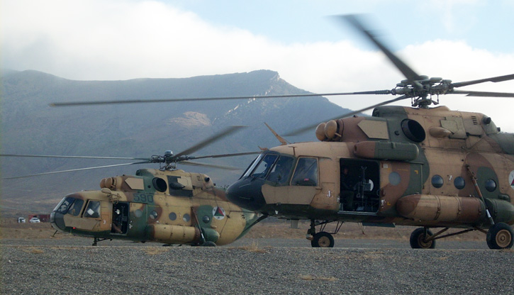 Afghan Air Force Mi-8 and Mi-17 medium utility helicopters depart the helicopter landing zone at FOB Lightning/Thunder in Paktiya province, Afghanistan. Photo: (U.S. Army by Capt Yau-Liong Tsai.