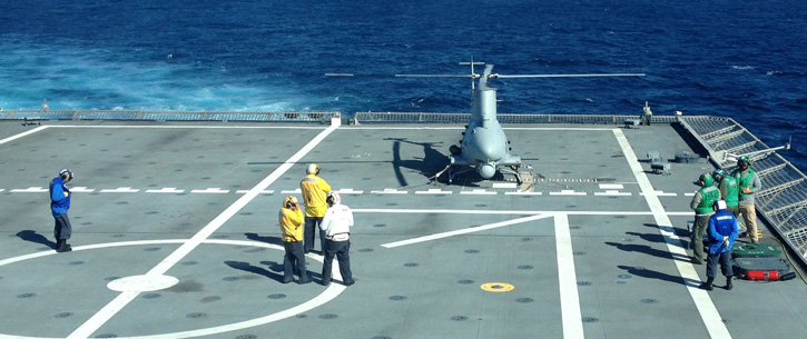 An unmanned MQ-8B Fire Scout conducts testing aboard USS Coronado (LCS 4) in mid-September off the coast of San Diego. The Fire Scout will deploy with its first littoral combat ship in autumn 2014. Photo: US Navy