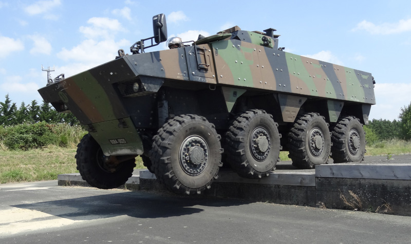 Nexter has increased the maximum Gross Vehicle Weight (GVW) of the VBCI to 32 tons, addressing the French Army requirement for increased protection and future growth. Applique armor plates are visible on the vehicle sides and belly. Photo: DGA 