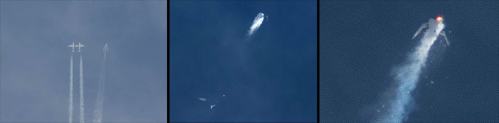 Virgin Galactic SpaceShipTwo seen seconds before the mishape (left), as it separates from its mothership WhiteKnightTwo. Then, the SS2 is seen disintegrating in the air after the rocket engine blasted off. 