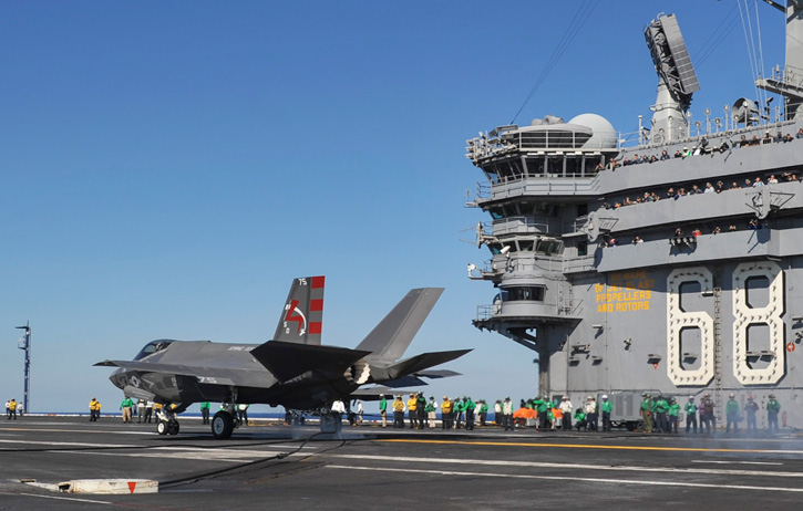 An F-35C Lightening II carrier variant Joint Strike Fighter conducts it’s first arrested landing aboard the aircraft carrier USS Nimitz (CVN 68). (U.S. Navy photo by Kelly M. Agee)