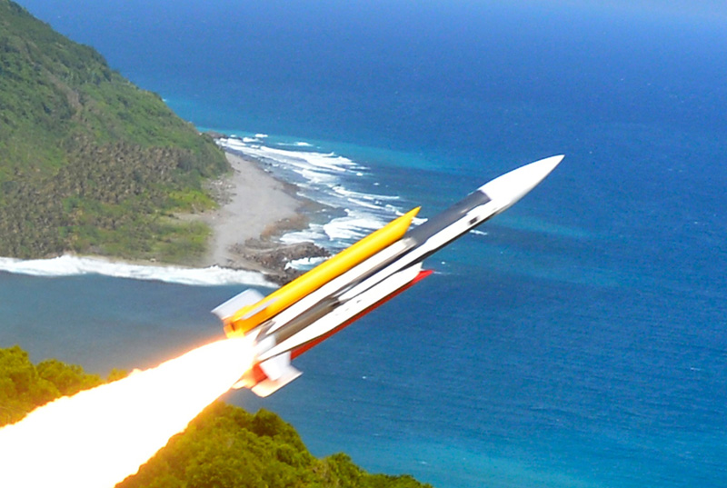 A test launch of Taiwan's Hsiung Feng III supersonic anti-ship missile. The missile can be launched from in ship-launched canisters or coastal defense mobile launchers. 