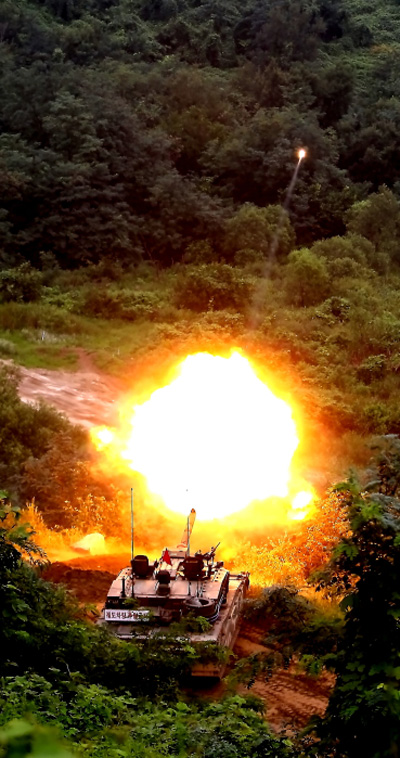 The K2 is armed with a smoothbore 120mm gun, coupled with an autoloader supported by a 16 round magazine, enabling the crew to fire rounds in quick succession of 3 second intervals. the total ammunition capacity is 40 rounds; including APFSDS, HEAT MP-T and a smart munition designed to hit targets in top-attack (KSTAM).