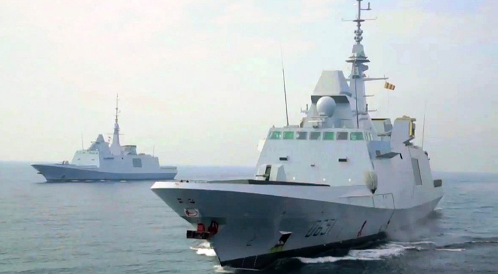 The French Navy is expected to operate eight Aquitaine class (FREMM) frigates. The first two - L'Aquitaine and Normandie are seen in this picture taken early 2014 in the Attlantic. Egypt also wants two such frigates for its modernized navy.