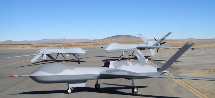 A family of drones from General Atomics - forward: Predator C 'Avenger', far left - MQ-1 Predator I and far right: MQ-9 Reaper. 