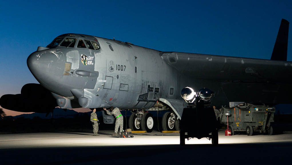 The "Ghost Rider" is prepared for an early morning taxi test on Feb. 12, 2015, Davis-Monthan Air Force Base, Ariz. The B-52H Stratofortress was decommissioned in 2008 and has been sitting in the 309th Aerospace Maintenance and Regeneration Group's "Boneyard,” but is being restored to join the active fleet of B-52s. (USAF photo by Master Sgt. Greg Steele)