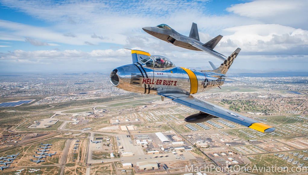 An aerial shot taken by Glenn Watson of Mach Point One Aviation Photography during the Heritage Flight Certification Course over Davis Monthan . Photo: Glenn Watson