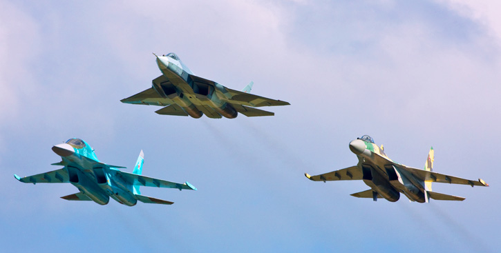 The new Sukhois - SU-34 Fullback (left), Su-50S (PAK-FA) center, Su-35S (right). 