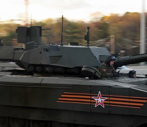 The T-14 main battle tank is armed with a new model of the 125mm cannon, comprising a larger auto-loader packing 32 rounds. The weapon system is mounted on an unmanned turret with the two crew members seated in a protected cell in the hull. (Subscribers can click to enlarge) Photo: Vitaly Kuzmin