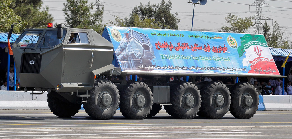 THe Zoljanah 10x10 heavy duty truck was displayed for the first time in 2012. It is believed to be the platform carrying four Sayyad-3 missiles in sealed canister-launchers.  