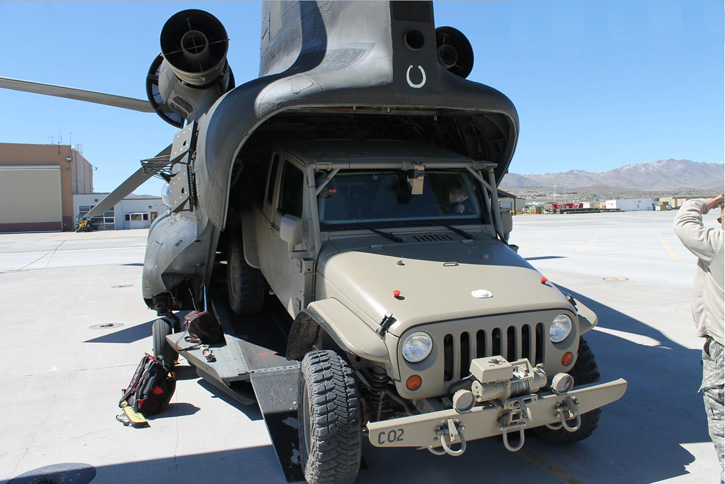 The Commando Jeep is designed to fit into the CH-47 for internal carraige as well as sling loading. 
