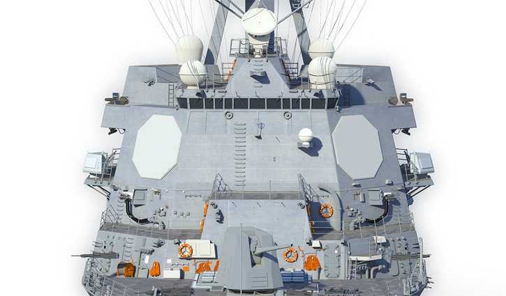 The AMDR installation on a notional model of the DDG-51 Flight III ship. Illustration: Raytheon