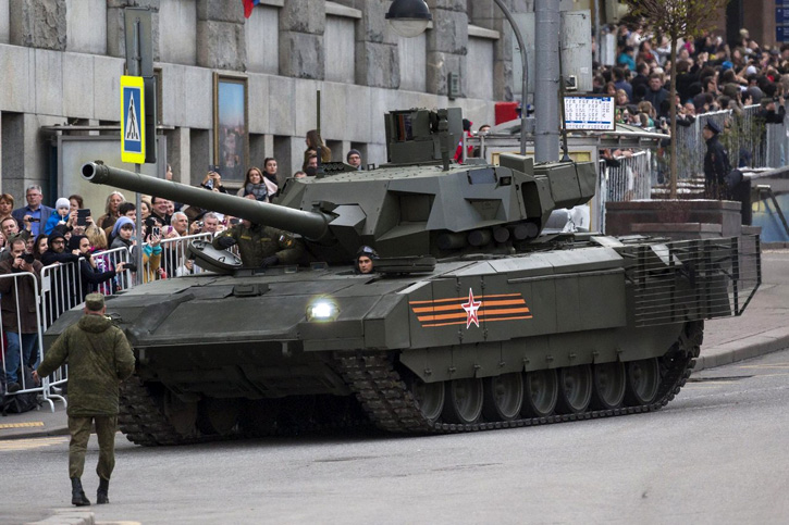A forward left side view of the T-14 tank based on Armata platform preparing for the May 9th parade in  Moscow.