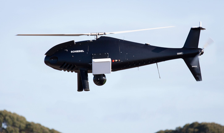 The sensors carried on the Camcopter S-100 included the SAGE Electronic Support Measures (ESM) and PicoSAR radar, both made by Finmeccanica - Selex ES and the Wescam MX-10 from L-3, all were operated simultaneously  on the Australian test. Photo: Schiebel.