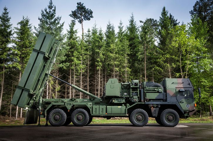 A MEADS launcher in the German configuration is A400M transportable and can engage and defeat targets attacking from any direction. Using its 360-degree defensive capability, MEADS defends up to eight times the coverage area using far fewer system assets. Each MEADS element is lightweight and truck-mounted, mobile enough to move protection as needed or when forces move. Its rotating radars and advanced launchers provide 360-degree capability, and all components are networked using open architecture software and plug-and-fight capability. Photo: Lockheed Martin