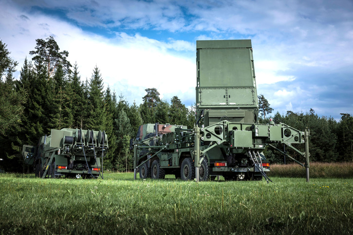 The MEADS Multifunction Fire Control Radar, shown in its German configuration, can detect and track advanced threats with 360-degree coverage and no blind spots. The radar is highly mobile and A400M transportable. Each MEADS element is lightweight and truck-mounted, mobile enough to move protection as needed or when forces move. Its rotating radars and advanced launchers provide 360-degree capability, and all components are networked using open architecture software and plug-and-fight capability. Photo: Lockheed Martin