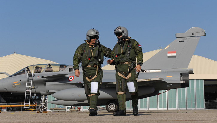 Egyptian pilots, trained by the French Air Force, will fly the first three aircraft to Cairo. The new fighters are expected to take part in the inauguration of the expanded Suez Canal, August 6th. Photo: Dassault Aviation