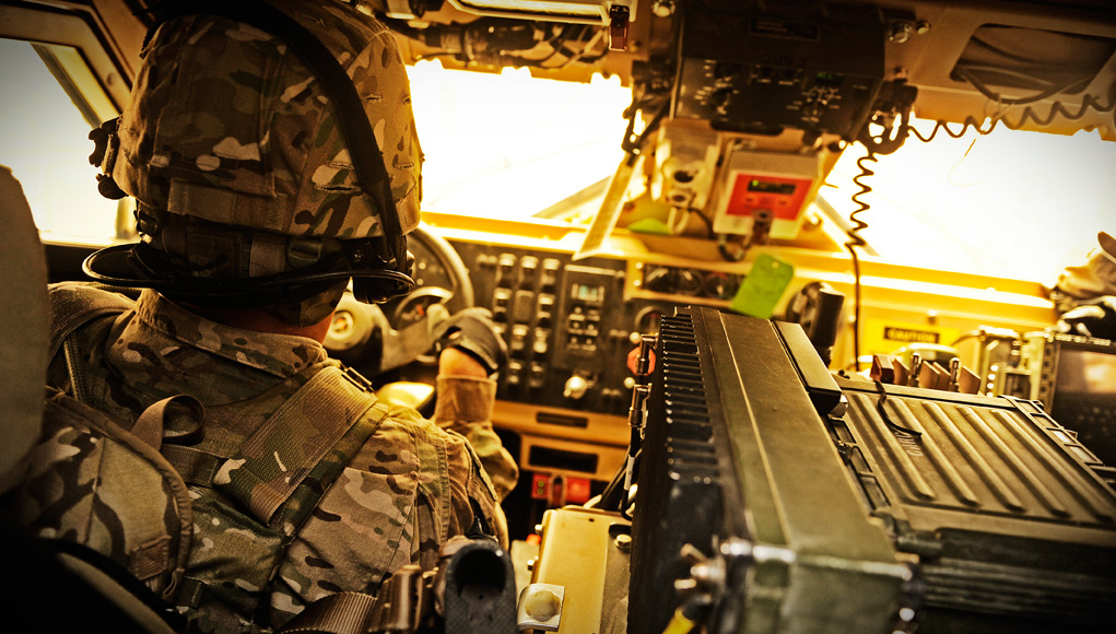 A backseat view of an M-ATV Photo: US Army photo by Ryan Crane. 