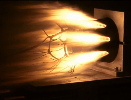 An array of mid-missile rocket boosters built with 3-D printing fire in this image taken from video. Photo: US Army