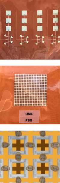 From top to bottom: A printed phase shifter, a printed frequency-selective surface (FSS), and a close-up of the FSS. In the close-up, the varactors are the oblong objects in between squares of silver conductive ink. They contain both the silver ink (squiggly lines) and the newly developed ink (brownish ovals). Photo: Raytheon UMass-Lowell Research Institute