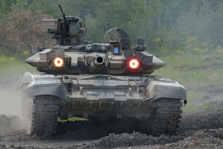 An active SHTORA soft kill APS (countermeasures) operating on a T-90 tank. 