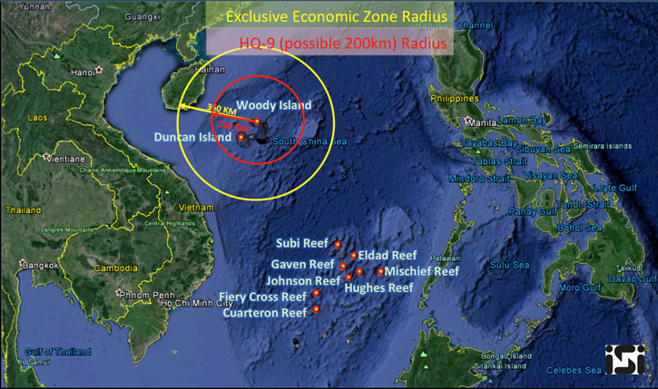 The 200 mile Economic Exclusion Zone claimed by China around Woody Island, and the overlapping 108 nm range of the HQ-9 SAM system. Image via ISI. 