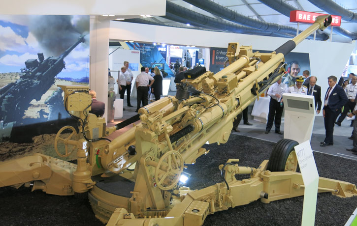 This is the conventional M777 as displayed by BAE Systems this week at Defexpo 2016 in India. The cannon is one of few forerunners in a competition to sell towed artillery to India. BAE is teamed with Mahindra to carry out the production in India. Photo: Noam Eshel, Defense-Update