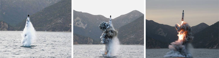 A sequence of photos showing the K11 launch from the North Korean Gonae class submarine. Photo: KCNA