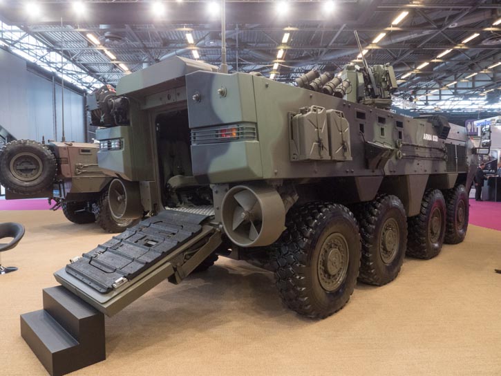The Arma 8x8 armored vehicle from the Turkish Otokar company is prepared for amphibious operation. Photo: Noam Eshel, Defense-Update