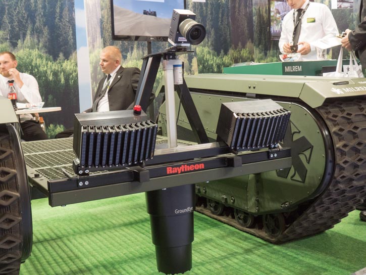 The GroundEye IED sensor mounted on the MILREM robot. The sensor comprises a two laser arrays and high resolution camera, sweeping the path forward of the robot over a wide area. Photo: Noam Eshel, Defense-Update