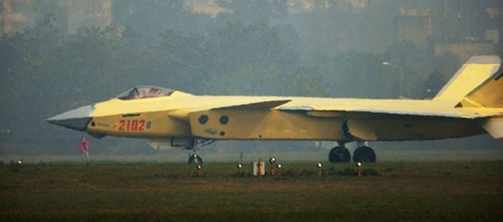 The second low-rate initial production aircraft marked 2102 seen during ground checks at Chengdu. 