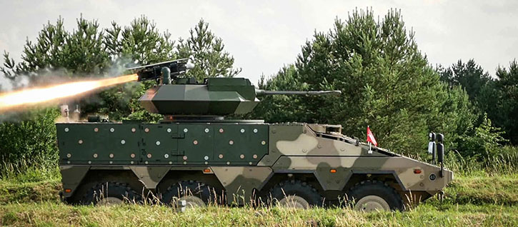 The Vilkas has the Israeli Samson Mk II remotely operated turret mounting the MK44 30mm automatic cannon, 7.62mm coaxial machine gun and two Spike LR guided missiles. Photo: Lithuanian MOD.