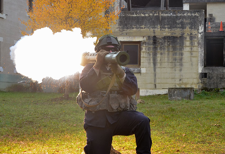Firing of a simulation round from an M136E1 AT4-CS confined space light anti-armor weapon (AT4) while conducting AT4 at the U.S. Army’s Joint Multinational Readiness Center in Hohenfels, Germany. Photo: US Army, by Carol A. Lehman.