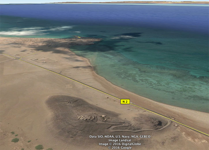 One of the target was likely this hill, providing the site for military installation overlooking the Bab-el-Mandeb, waterway north of Dhubab. Photo: Google Earth