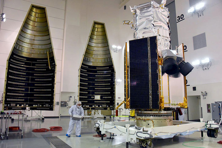 Built by Lockheed Martin, DigitalGlobe’s WorldView-4 satellite is enclosed in the four-meter fairing that will then be placed atop an Atlas V 401 rocket. Photo courtesy of Lockheed Martin and United Launch Alliance. Photo: Lockheed Martin
